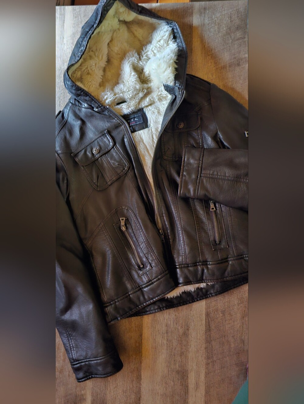 Faux Leather Jacket with Cream Shearling